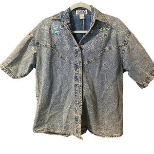Vintage Pretty Bleu Denim Shirt Large Cotton Button Front Embellished Acid Wash